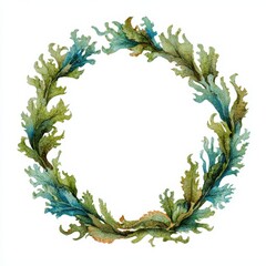 Seaweed Wreath Watercolor Illustration on White Background