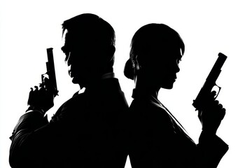 Secret Agent Couple: Aiming Shadows in Silhouette. Crime Scene with Couple Back to Back