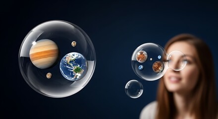 Woman observes solar system planets Earth and Jupiter contained within clear soap bubbles conceptual visualization