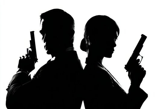 Secret Agent Couple: Aiming Shadows in Silhouette. Crime Scene with Couple Back to Back