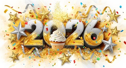 2026 celebration with a festive cupcake replacing the zero, surrounded by sparkling confetti streamers and golden stars