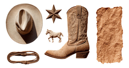Rustic Western Elements with Hat, Boot, Star, Horse, and Weathered Paper