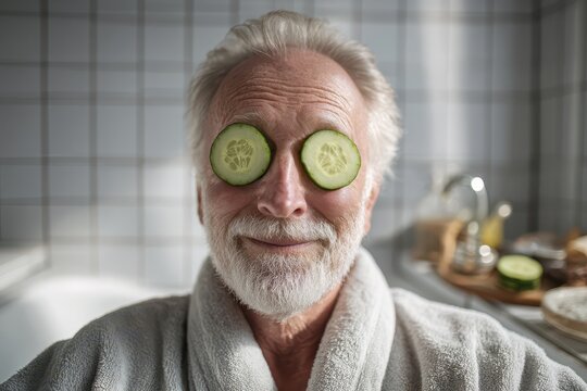 Senior Spa Day. Adult Caucasian Man Relaxing with Cucumber Slices at Home Bathroom