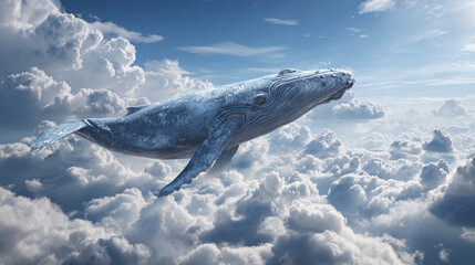 A majestic whale soaring through a sky filled with fluffy clouds, a surreal and enchanting sight.