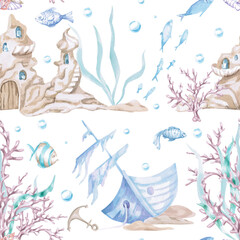 A seamless pattern featuring a fairytale underwater castle and ship. Watercolor illustration in a childish style for designing children's rooms, pools, play areas, and for printing on clothing.