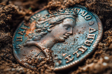 Old coin in dirt with a portrait of royalty. The coin has some corrosion and wear, but still shines.