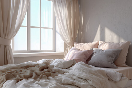 Gem&uuml;tliches Schlafzimmer mit weichen Stoffen und nat&uuml;rlichem Licht &ndash; modernes Interieurdesign
