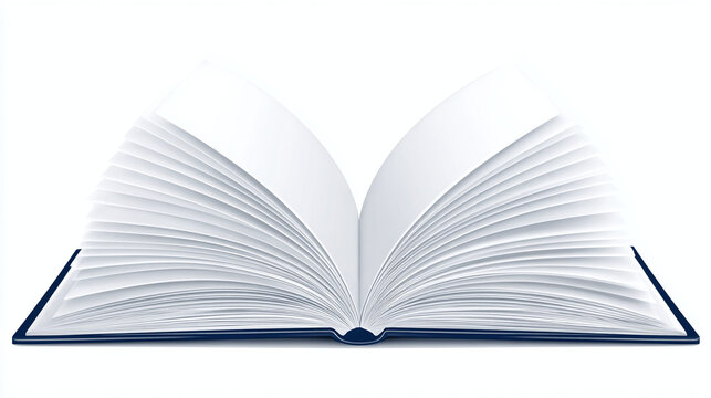 An open book with blank pages, perfect for adding your own story. The book's spine is dark blue, suggesting knowledge and sophistication. It presents an opportunity for someone to explore a new world