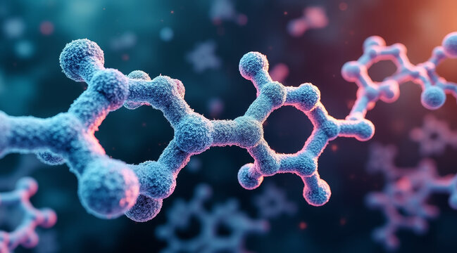 Macro molecule chain blue polymer bond science lab concept chemical structure nanotechnology soft focus depth