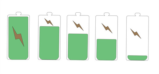 Battery charging level icon set — green energy progress bar and electric power symbol vector design showing different charge stages for technology, smartphone, and energy UI illustration