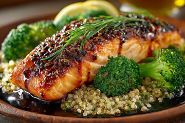 Elegant glazed salmon fillet presentation with fresh green broccoli, quinoa, and lemon on a wooden plate.