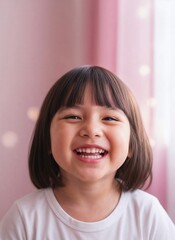 Joyful Asian girl with dark hair smiles brightly against a soft pink background, radiating happiness and warmth