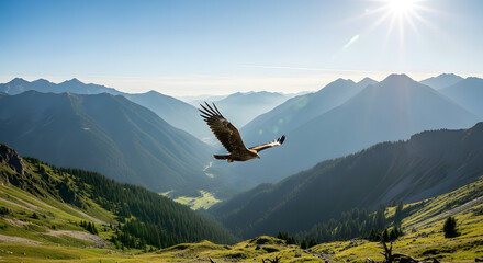 Fototapeta premium Majestic Eagle Soars Through Sunlit Alpine Valley with Majestic Peaks in Background