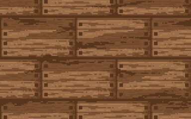 A seamless pixel art texture depicting a weathered dark brown wooden wall or floor made of planks, secured with visible nails. Features a rough, rustic 8-bit or 16-bit video game aesthetic, background