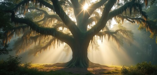 Old oak tree covered in Spanish moss in a misty forest. Sun rays shine through branches, creating a magical atmosphere. Foggy woods setting with soft diffused light.