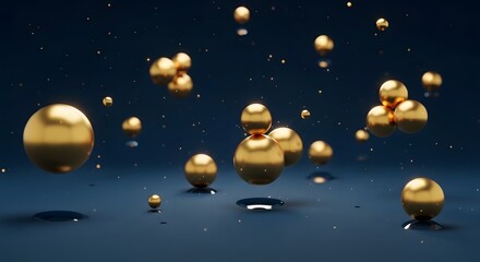 Fototapeta premium Abstract golden spheres forming molecular structures floating above a reflective dark blue surface with sparkling particles.