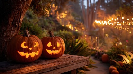 Fototapeta premium Two carved pumpkins glow warmly on a wooden table with festive lights.