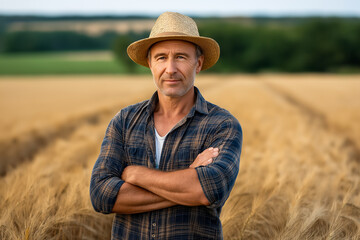 Farmer in straw hat and plaid shirt standing in wheat field with arms crossed looking at camera with confident expression.