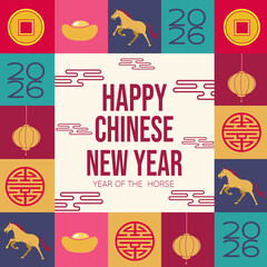 Chinese New Year 2026 greeting design featuring colorful geometric layout with horse illustrations, lanterns, gold coins, and Chinese symbols. Modern flat style for festive greetings and decorations.
