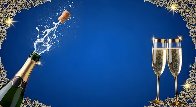 Champagne bottle popping its cork with sparkling liquid and two elegant flutes on a vibrant blue background with golden festive borders