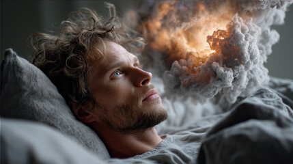 Schlafender Mensch mit kosmischer Traumlandschaft – Symbol für Fantasie und Bewusstsein