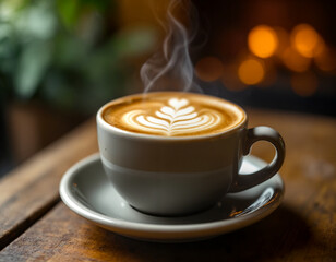 Steaming latte with intricate latte art on a rustic wooden table. Cozy, warm background with fireplace bokeh. Perfect for comfort, coffee, and relaxation themes.