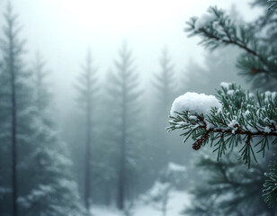 Close-up of a snow-covered pine branch and pinecone with a foggy, moody winter forest of evergreen trees blurred in the background. Excellent copy space for text.
