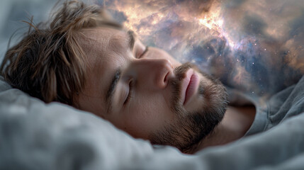 Schlafender Mensch mit kosmischer Traumlandschaft – Symbol für Fantasie und Bewusstsein