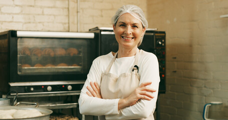 Woman, happy and arms crossed for portrait at bakery, oven and confident with dough for pastry at...