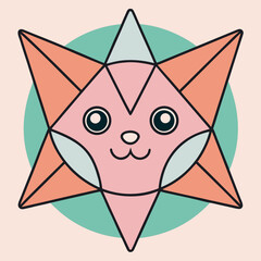 Cute origami fox face with a round teal background on a light pink backdrop