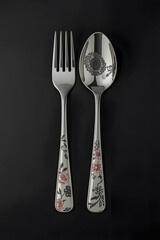 a striking set of premium stainless steel flatware, consisting of a four-tine fork and an oval soup spoon, presented against a black background.The spoon features an intricate engraved floral design