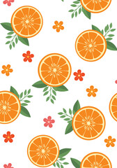 Vibrant seamless pattern featuring freshly sliced oranges, lush green leaves, and delicate blossoms, ideal for textile prints, digital backgrounds, and refreshing design projects