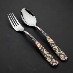 A striking set of premium stainless steel cutlery featuring a dinner fork and a table spoon, elegantly poised against a sleek black background.The design is opulent, floral, and vintage-inspired.