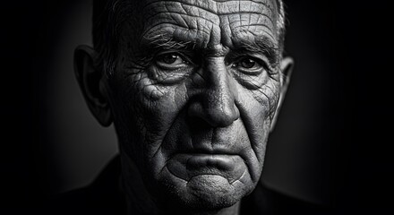 Fototapeta premium Close Up Black and White Portrait of Elder Man with Deep Wrinkles and Intense Expression