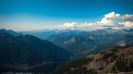 Breathtaking aerial view of a winding road traversing through a vast mountain range under a clear blue sky, symbolizing freedom and the open road adventure