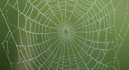 Obraz premium Close-up of Dew-covered Spider Web on Green Background Natural Spider Web with Dew Drops