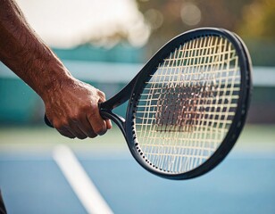 Close-up shot of a tennis player’s hand gripping the racket tightly, sweat droplets on the skin, with a blurred tennis court in the background