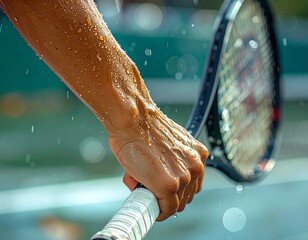 Close-up shot of a tennis player’s hand gripping the racket tightly, sweat droplets on the skin, with a blurred tennis court in the background