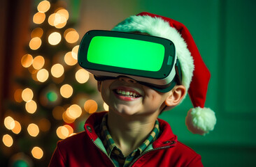 Happy boy wearing Santa Claus hat and virtual reality glasses with green screen on a festive background of decorated Christmas tree. Christmas gifts and technology concept, mock up and copy space