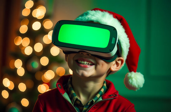 Happy boy wearing Santa Claus hat and virtual reality glasses with green screen on a festive background of decorated Christmas tree. Christmas gifts and technology concept, mock up and copy space