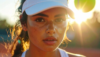 Macro close-up of sweat dripping from a player’s forehead during an intense tennis match, shallow depth of field