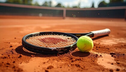 Detailed shot of a tennis racket and ball lying on the clay court, with dust particles and texture clearly visible