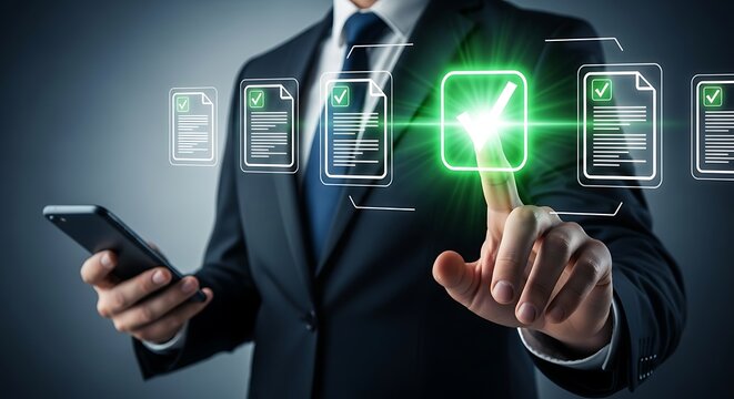 Illustration of businessman using digital document management system with smartphone in hand