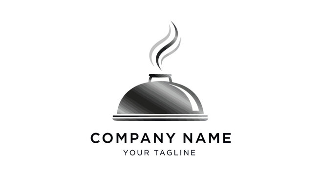 Elegant silver cloche logo with steam for a restaurant business.