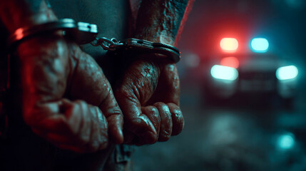 Close-up of arrested man's hands in handcuffs with police lights at night