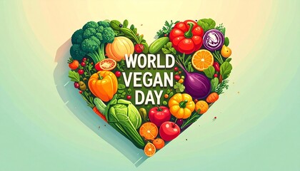 Vibrant World Vegan Day Concept. Fruits and Veggies Illustration Forming a Heart. Plant-Based Diet, Healthy Food, and Lifestyle