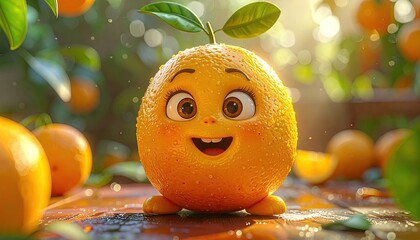 Joyful Orange Cartoon Character Among Fresh Oranges
