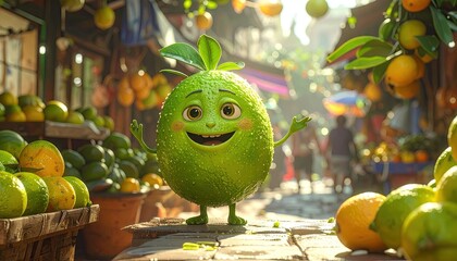 Joyful Lime Character in Vibrant Fruit Market