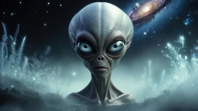 A close-up portrait of a grey alien with large eyes, set against a backdrop of a nebula and bioluminescent flora.  The alien's expression is pensive and slightly apprehensive