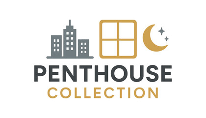 Fototapeta premium Penthouse collection banner with building, window and moon icons. Luxury real estate promotion design. Flat vector illustration.